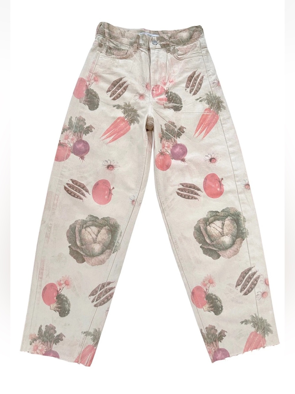 Zara Barrel Leg Multicolor Vegetable Print Jeans NWOT Size 6 [Flaw]